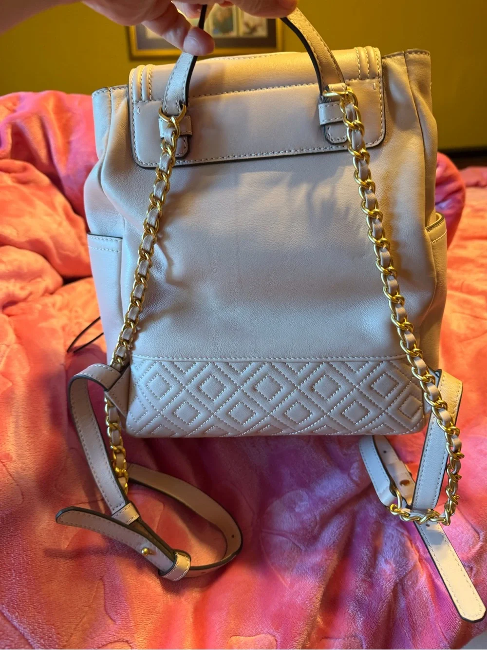 Tory Burch Cream Quilted Tassel Leather Backpack with Gold Chain